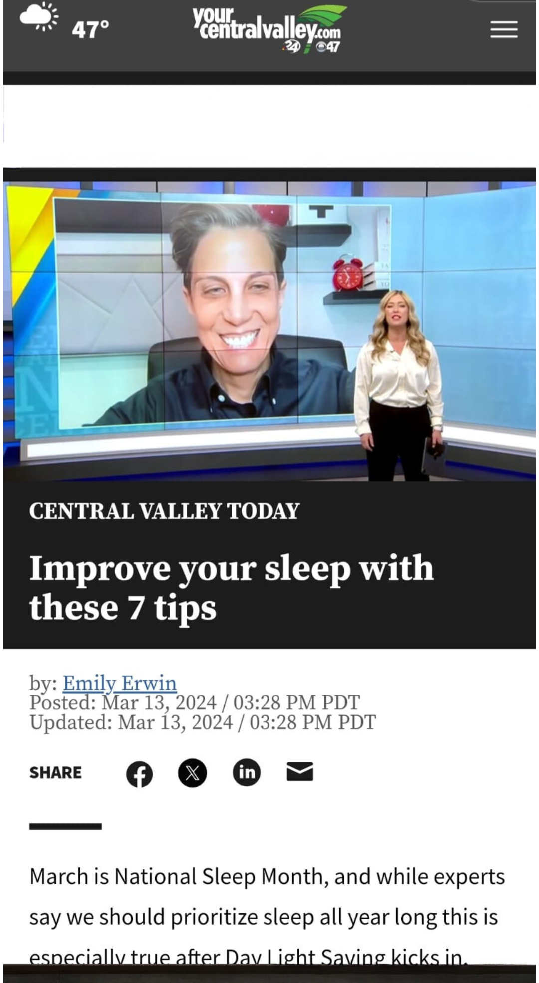 A woman stands in front of a screen displaying a news segment titled "improve your sleep with these 7 tips" on the set of "central valley today.