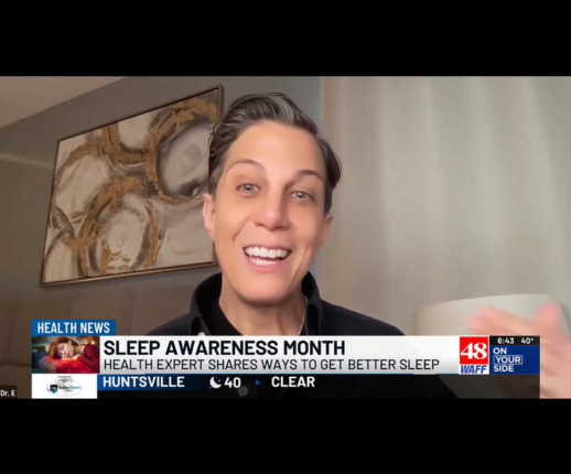 Health expert appears on a video call for a news segment about sleep awareness month.