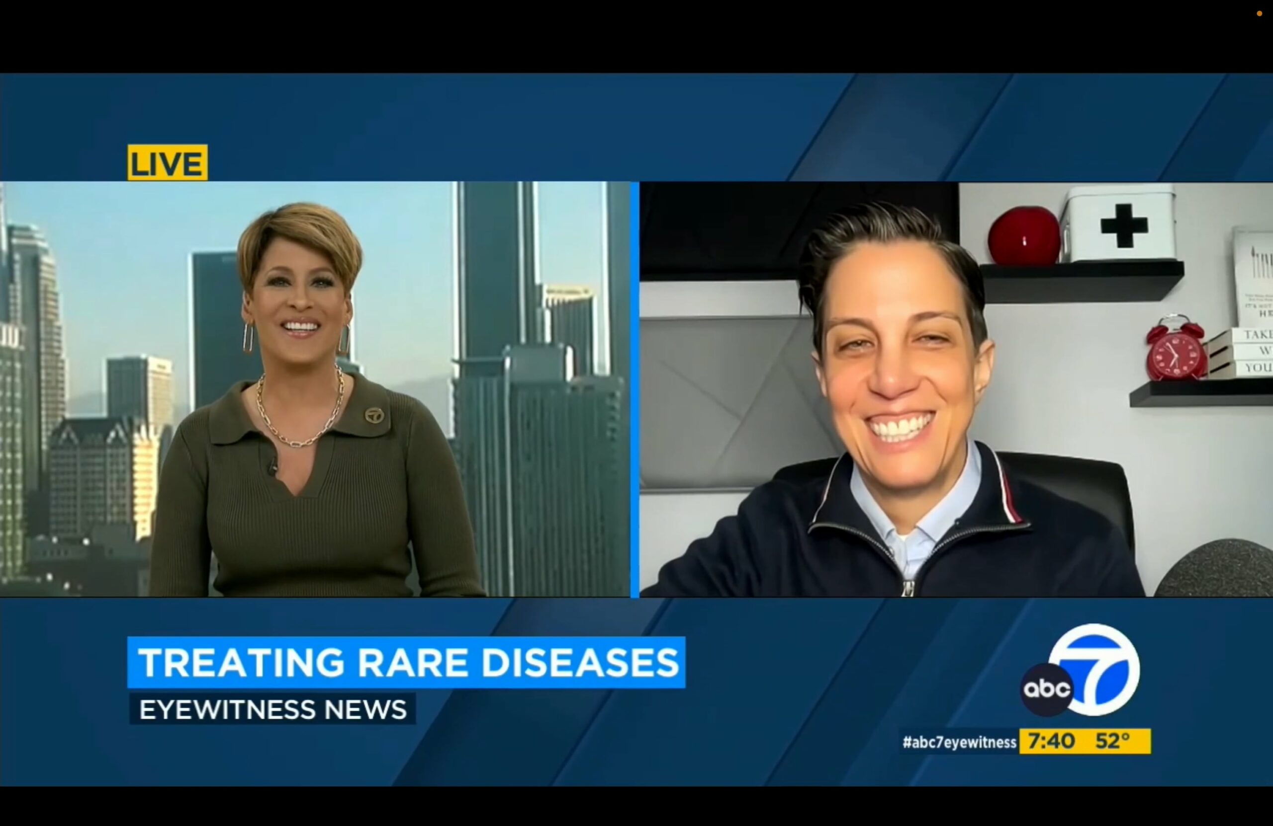 Two people on a news broadcast discussing rare diseases, displayed in a split-screen format with a "live" tag and "abc eyewitness news" logo.