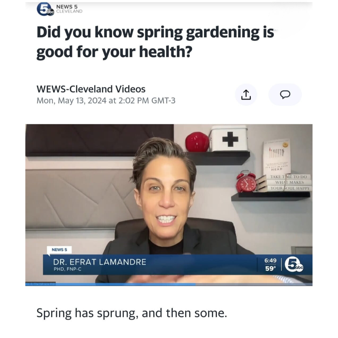 A person identified as Dr. Efrat Lamandre is speaking in a video about the health benefits of spring gardening on WEWS-Cleveland. The screen shows the date and time as Mon, May 13, 2024, at 2:02 PM GMT-3.
