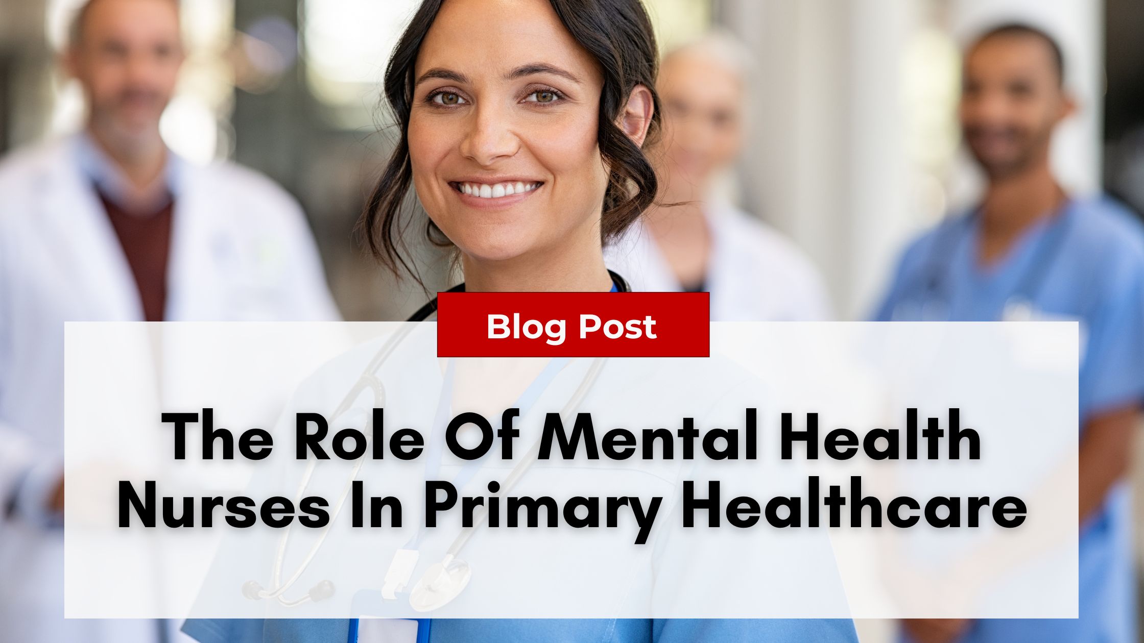 A female nurse smiles at the camera, with three medical professionals in the background. The text overlay reads "Blog Post: The Role of Mental Health Nurses in Primary Healthcare and Addressing Nurse Practitioner Burnout.