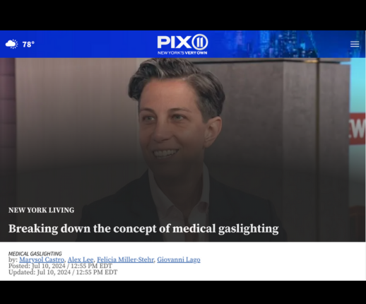 News segment on PIX11 titled "Breaking down the concept of medical gaslighting" with text mentioning hosts and date with background image of a smiling person.