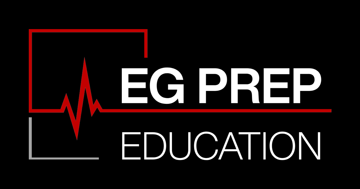 EG Prep Education logo with a red heartbeat line integrated into the design on a black background.