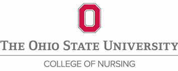 Logo for The Ohio State University College of Nursing, featuring a red "O" above the institution’s name in gray text.